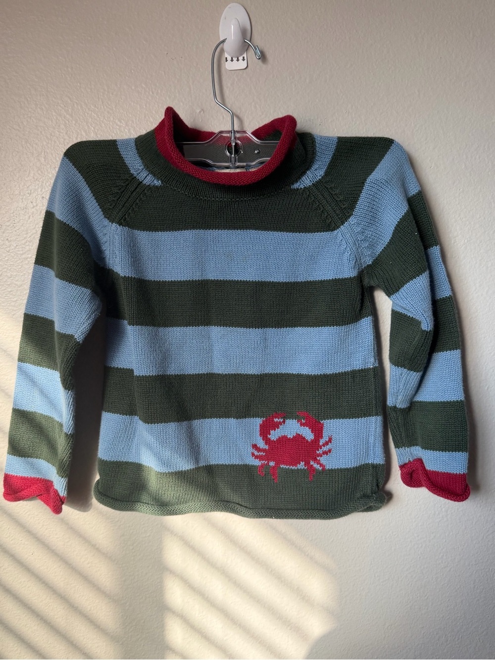 Vintage L.L. Bean Kids 4T Rollneck Sweater Crab Cotton Knit Striped Coastal Navy
